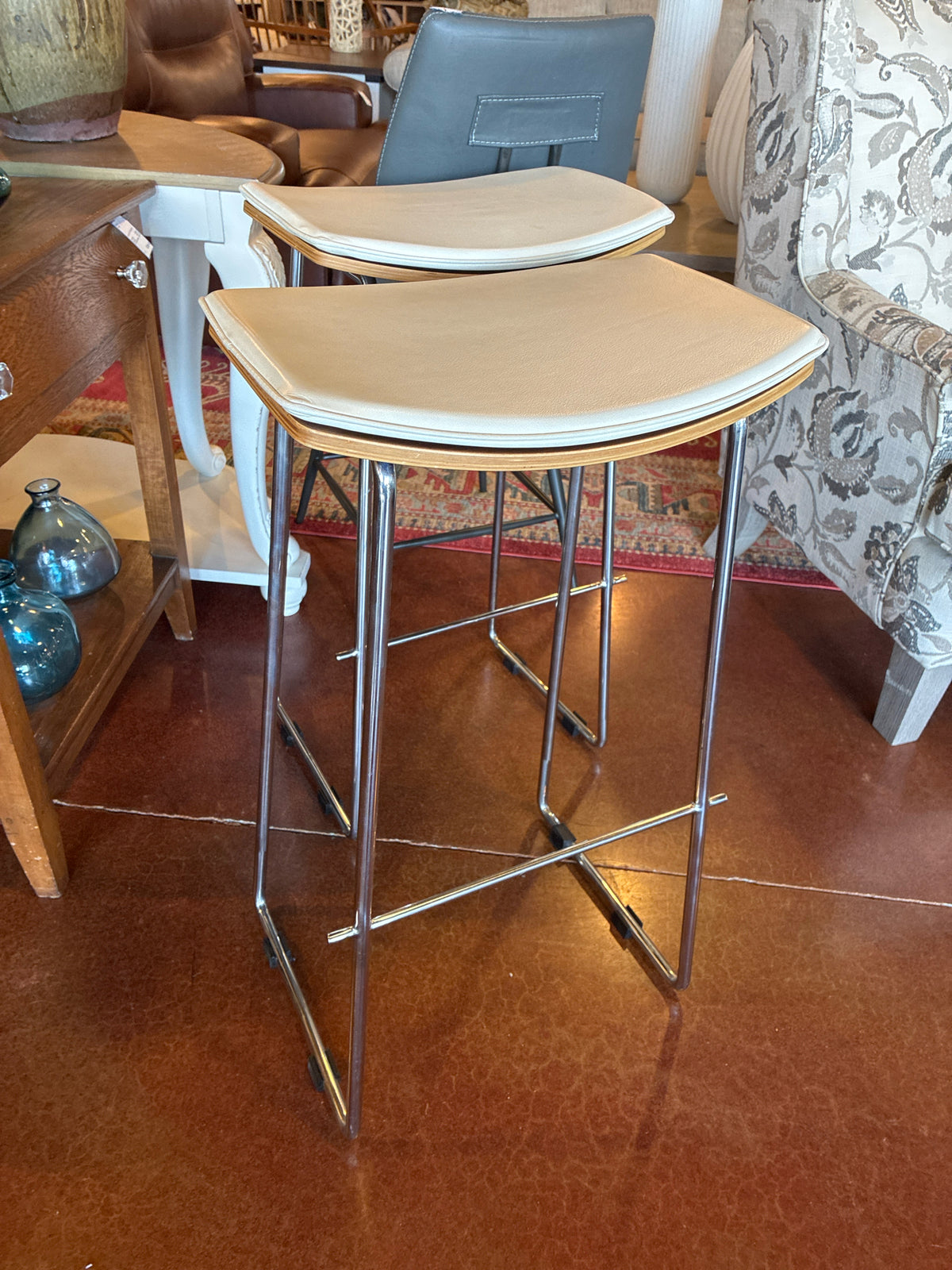SET OF 2 Wood Top Bar Stools w/White Leather Cover