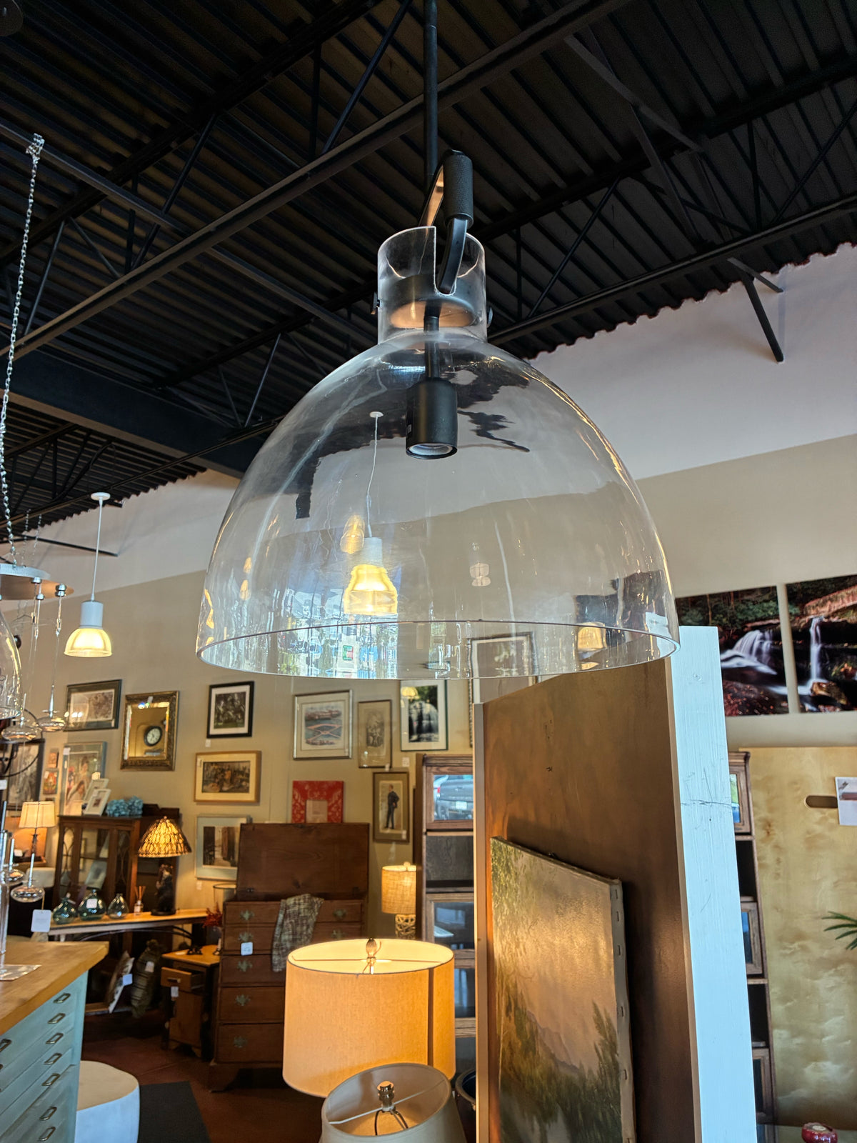 Large Clear Glass Dome Pendant Lights - Pair