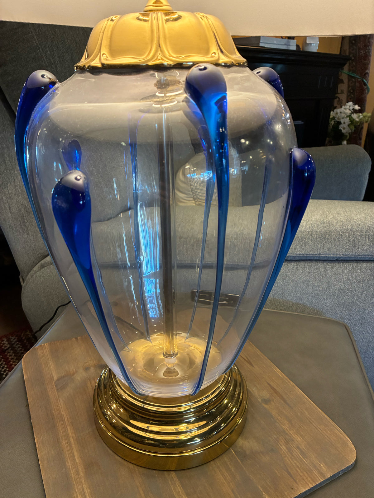Clear Art Glass  Table Lamp With Colbalt Blue Accents