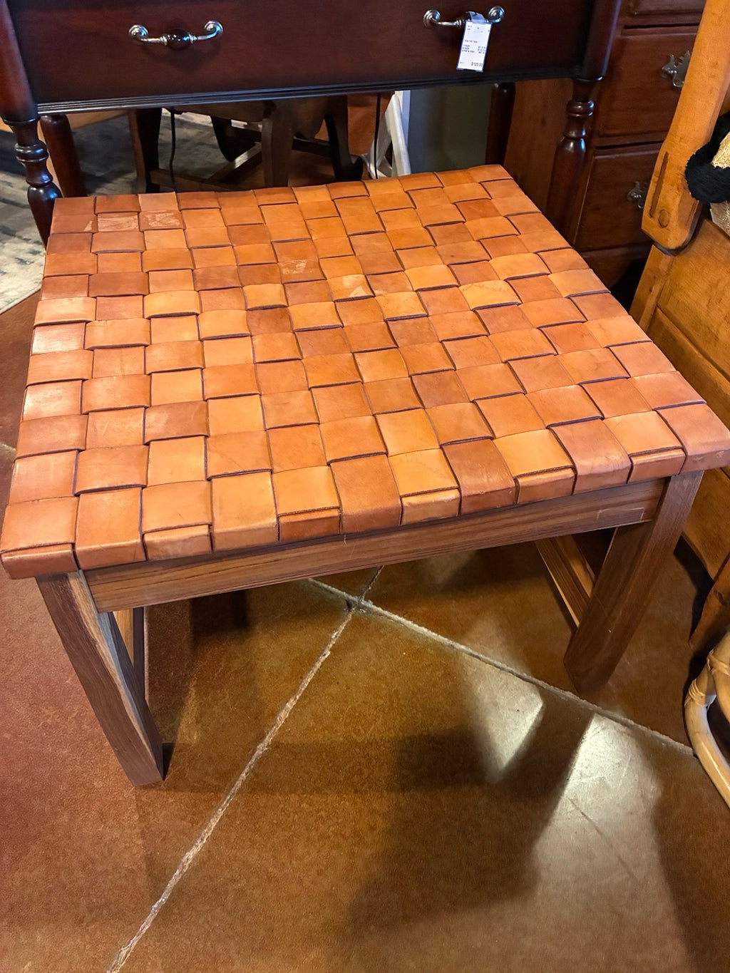 Woven Leather & Wood Ottoman