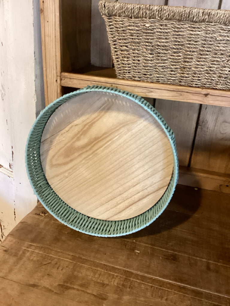 Tray|Teal Woven 13" Round Decorative Tray with Wood Base