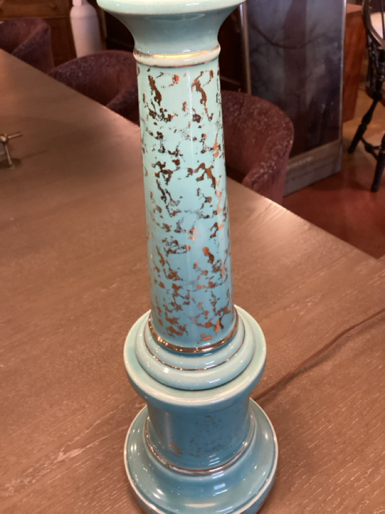 Distressed Turquoise Column Lamp with Crushed Velvet Shade