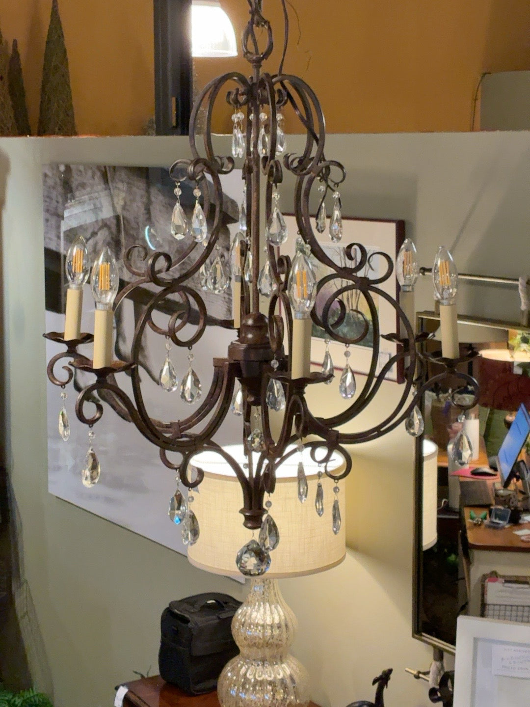 Ornate 6-Light Iron & Crystal Chandelier