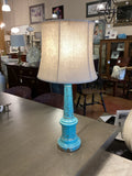Distressed Turquoise Column Lamp with Crushed Velvet Shade