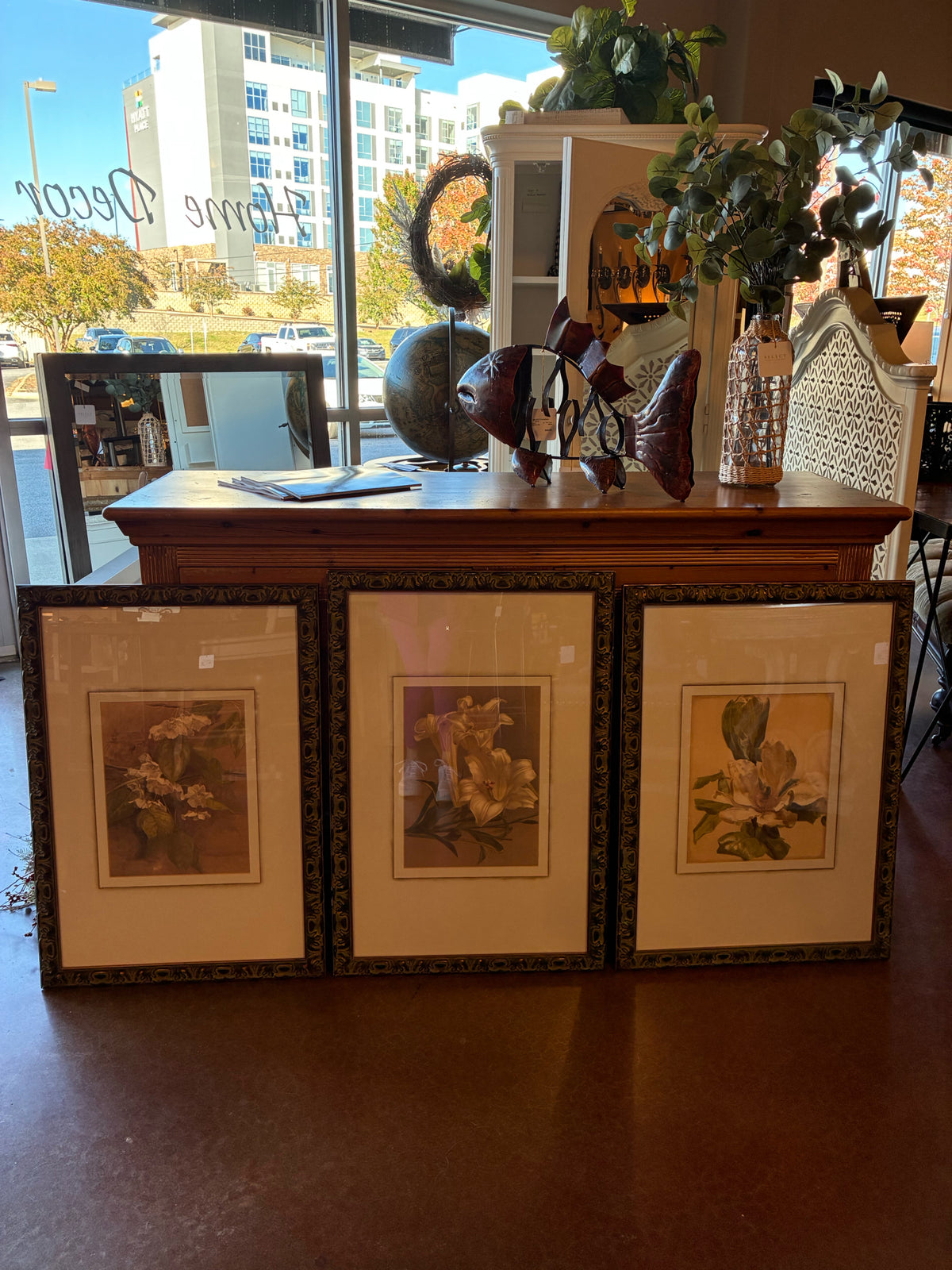 Set of 3 - Botanical Floral Prints with Ornate Bronze & Green Frames
