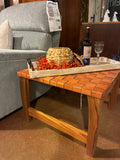 Woven Leather & Wood Ottoman