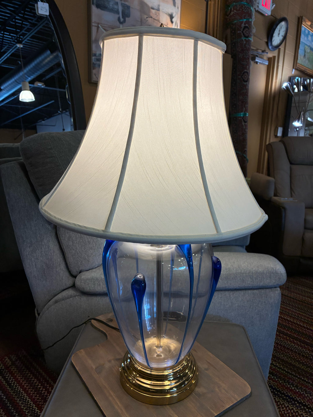 Clear Art Glass  Table Lamp With Colbalt Blue Accents
