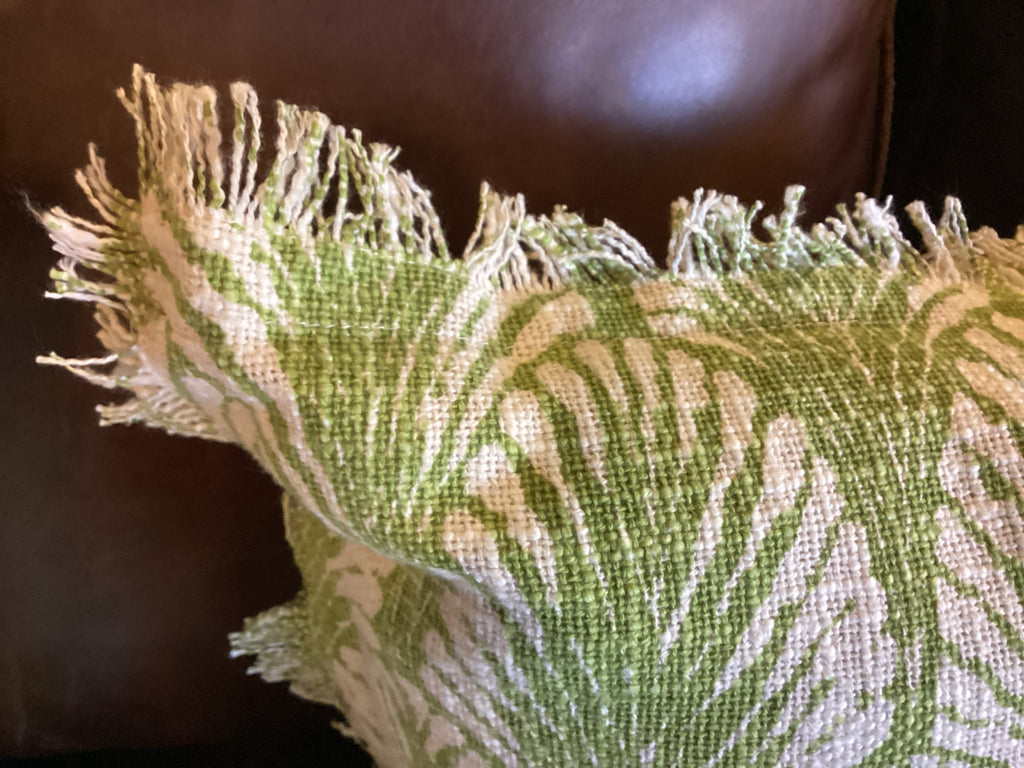 Set of 2 - Botanical Green & Ivory Fringed Throw Pillow