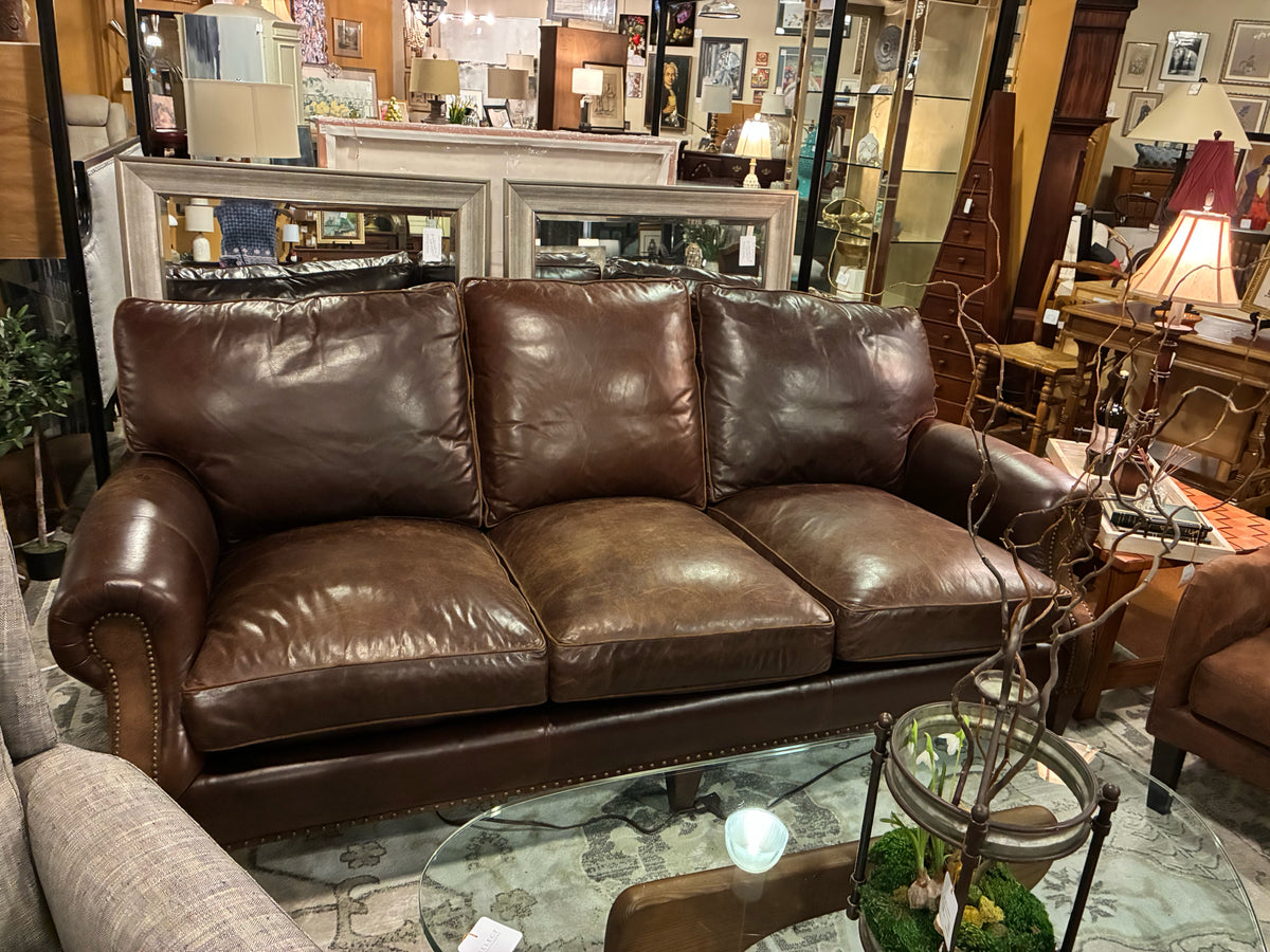 Our Home Designs Brown Leather Sofa with Suede & Nailhead Trim