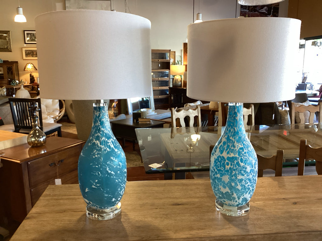 Pair of LumiSource Teal & White Marbled Glass Table Lamps