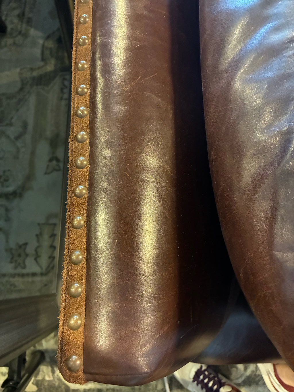 Our Home Designs Brown Leather Sofa with Suede & Nailhead Trim