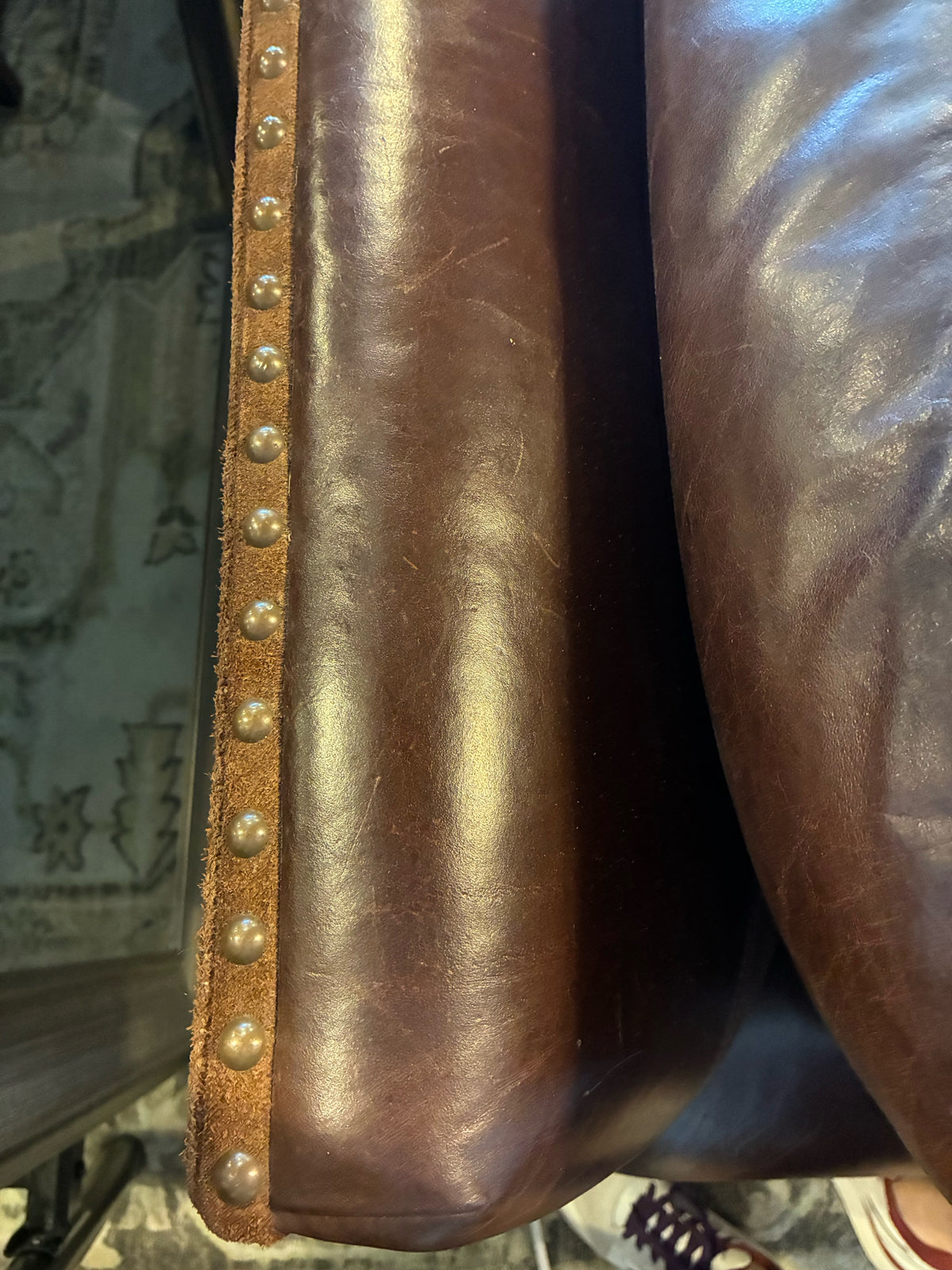 Our Home Designs Brown Leather Sofa with Suede & Nailhead Trim