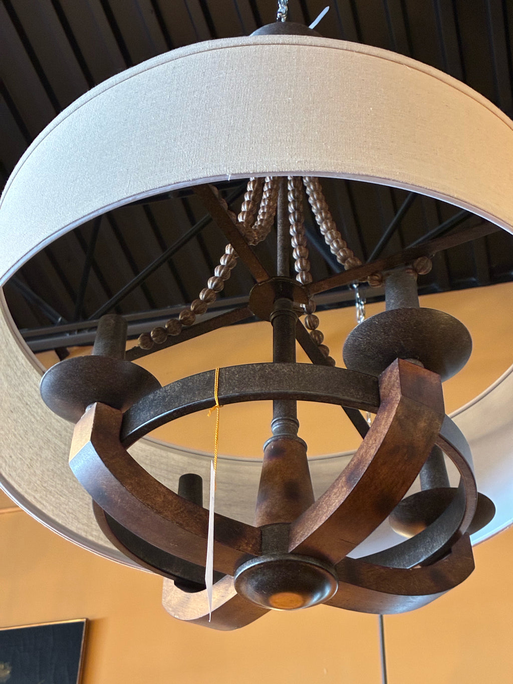 Rustic 4-Light Drum Chandelier With Wood Beads