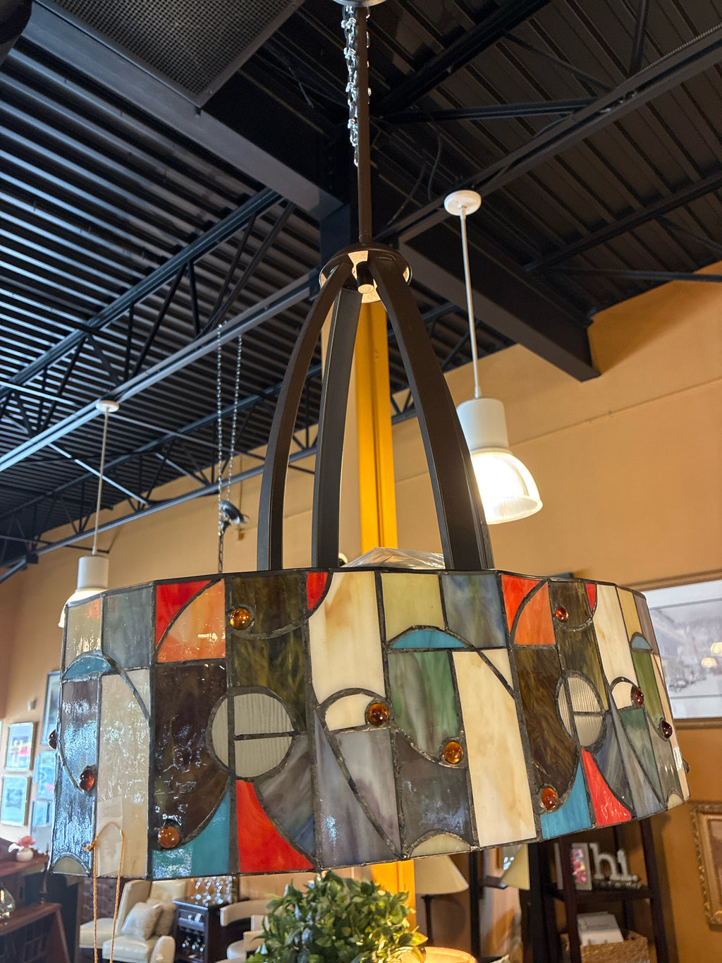 Contemporary Stined Art Glass Chandelier