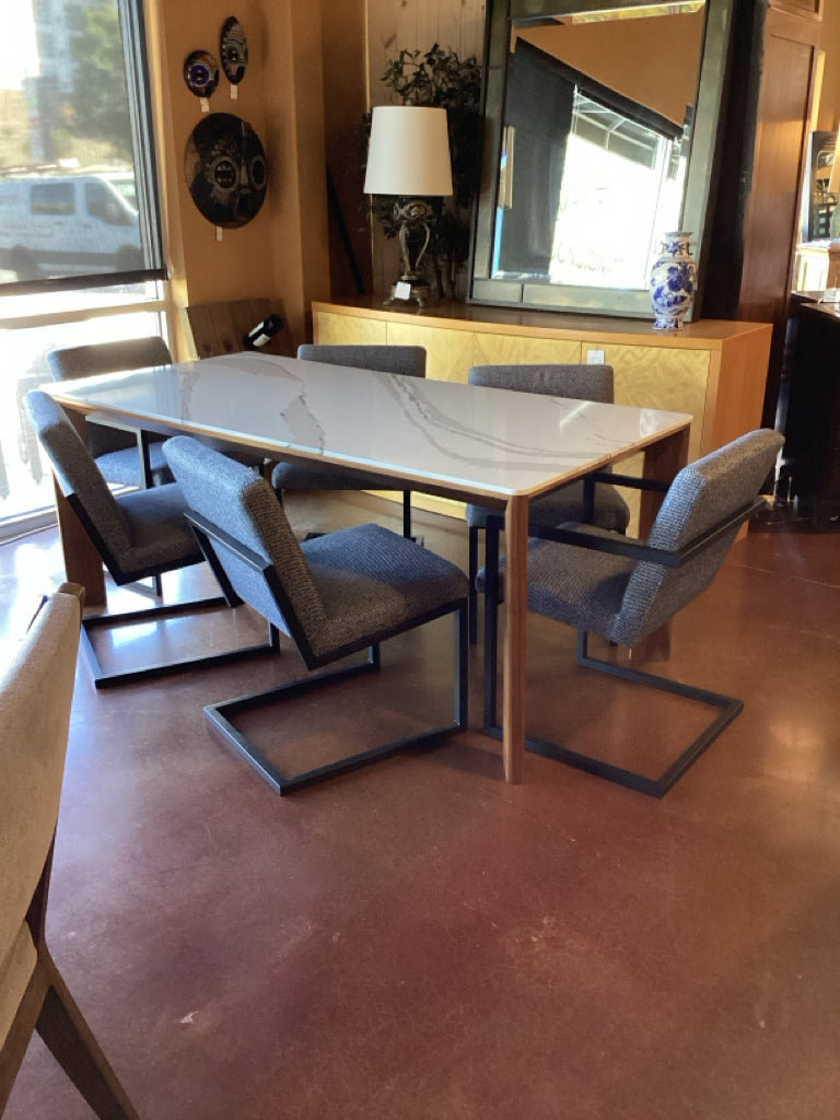 Room & Board Pren Walnut & Cambria Quartz Dining Table & 6 Lira Chairs