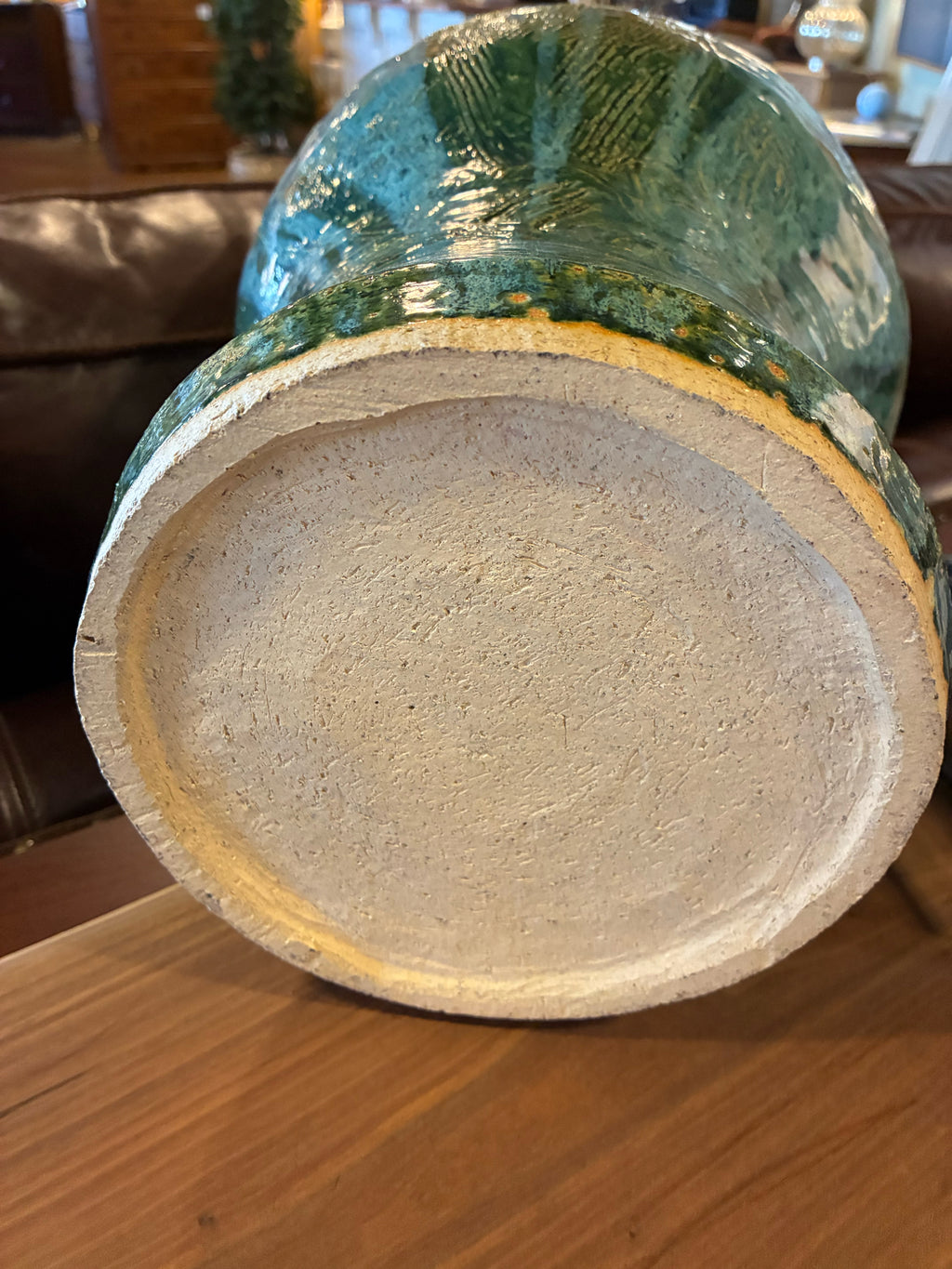 Large Handcrafted Green Glazed Ceramic Vase