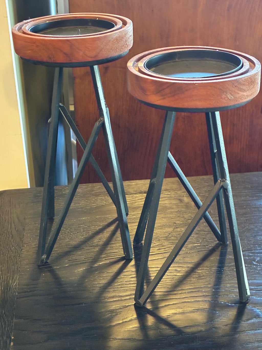 Wood & Black Metal Candle Holders—SET OF 2