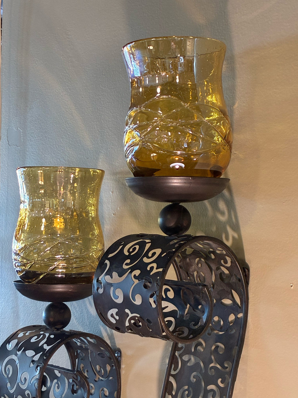 Ornate Metal & Amber Glass Wall Sconces — PAIR