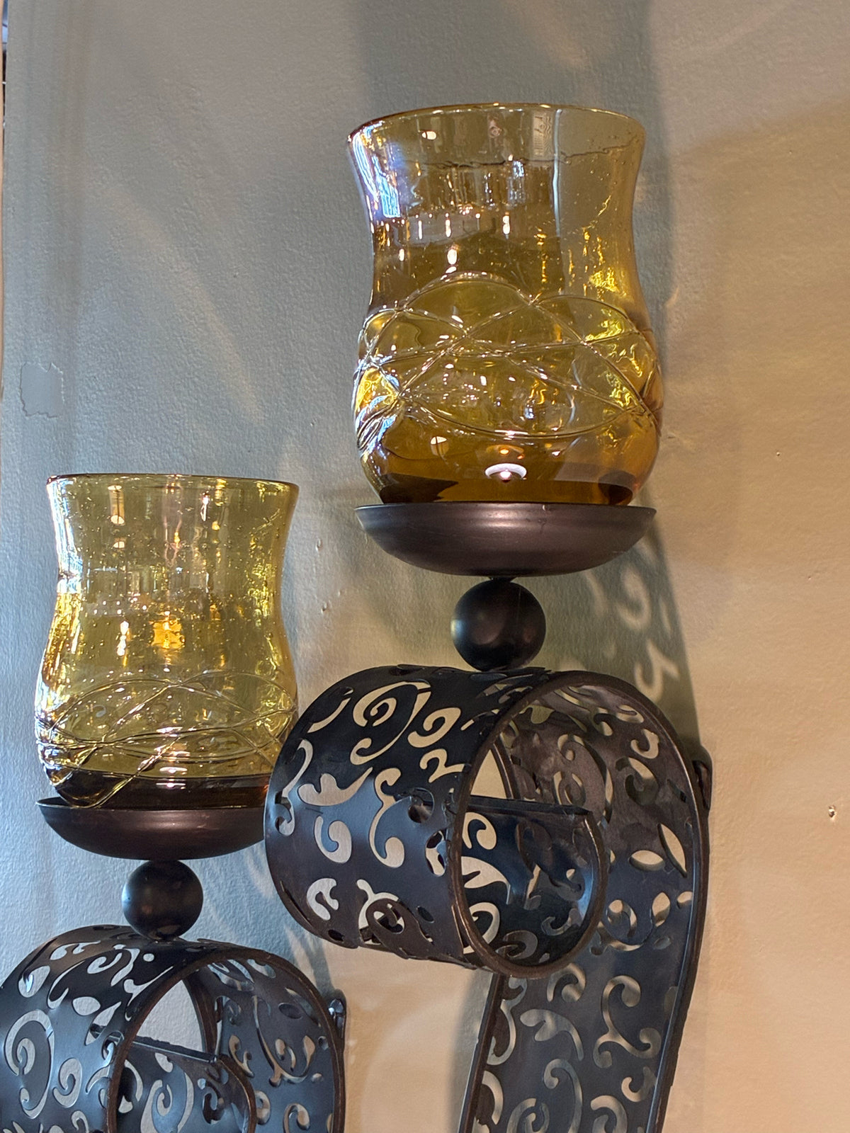 Ornate Metal & Amber Glass Wall Sconces — PAIR