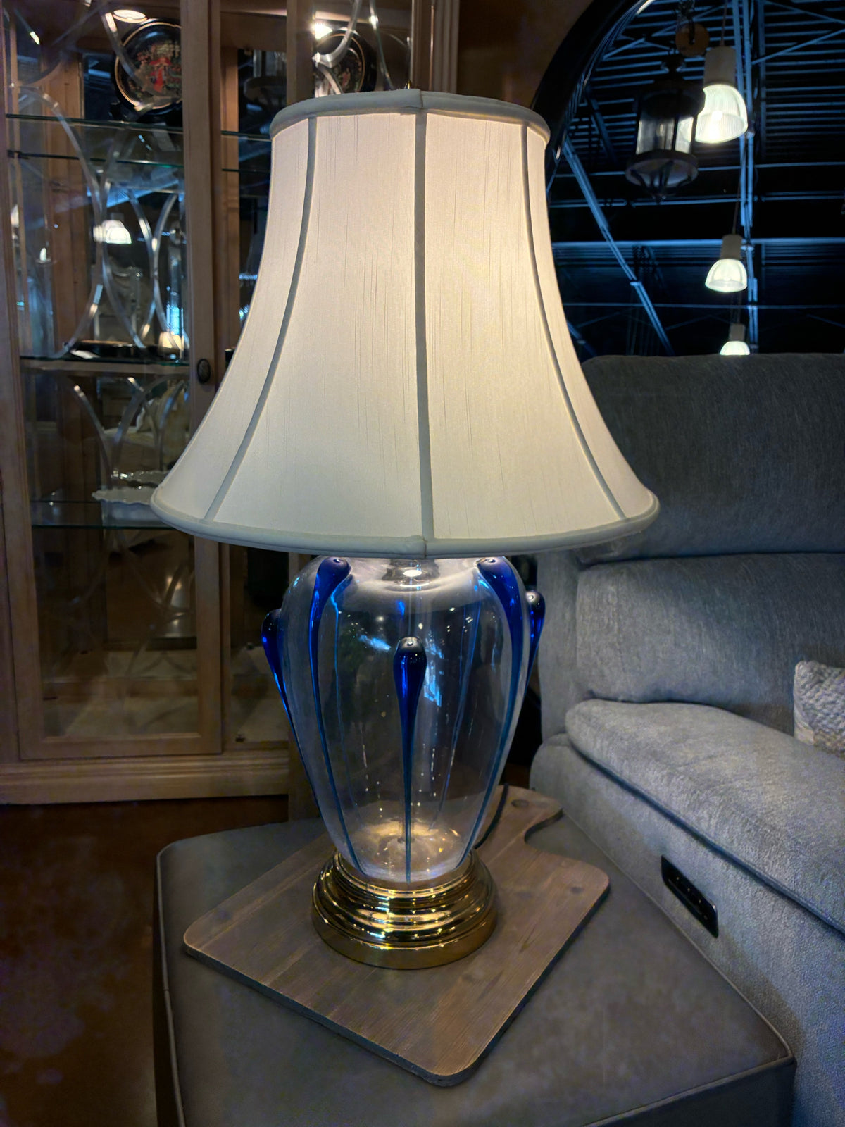 Clear Art Glass  Table Lamp With Colbalt Blue Accents